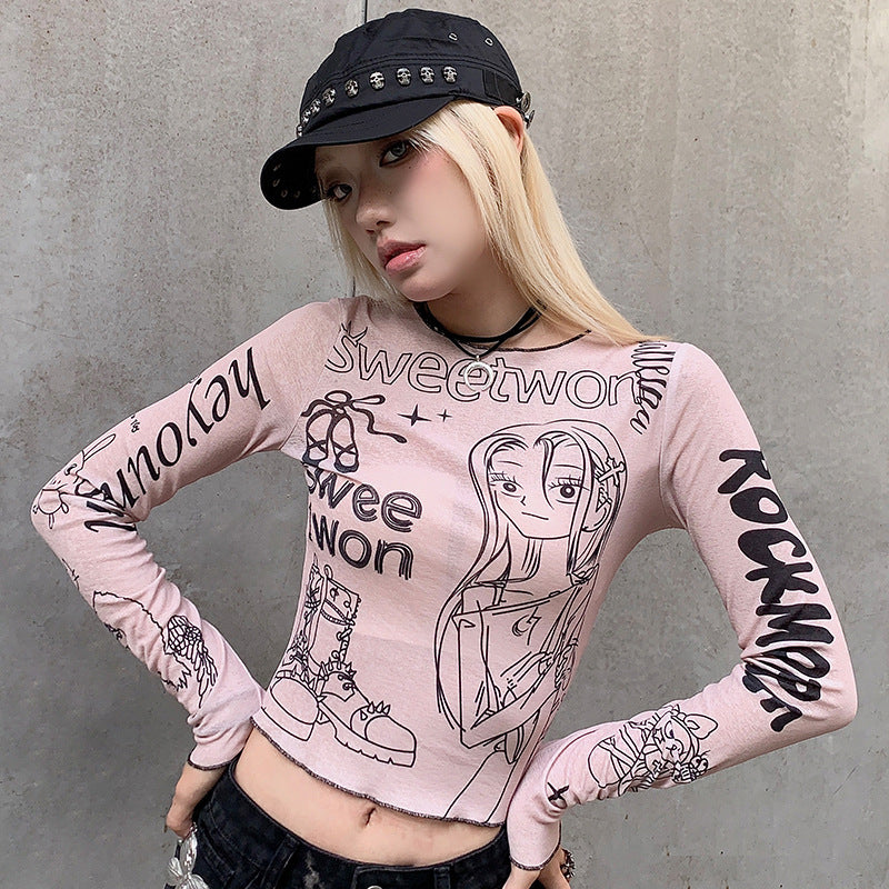 Sweet Cool Sexy Anime Print round Neck Long Sleeve T shirt Early Autumn Stitching Contrast Color Tight Edge Short Top