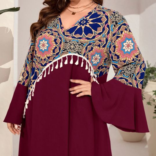 Plus Size Tassel Printed Pullover Office Maxi Dress Women