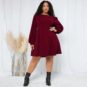 Plus Size Women Clothes Autumn Winter Tight Waist Large Round Neck Long Sleeve Dress