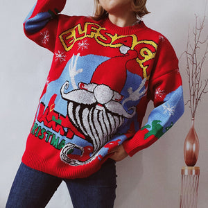 Christmas Sweater Santa Claus Pattern round Neck Thickened Knitted Pullover