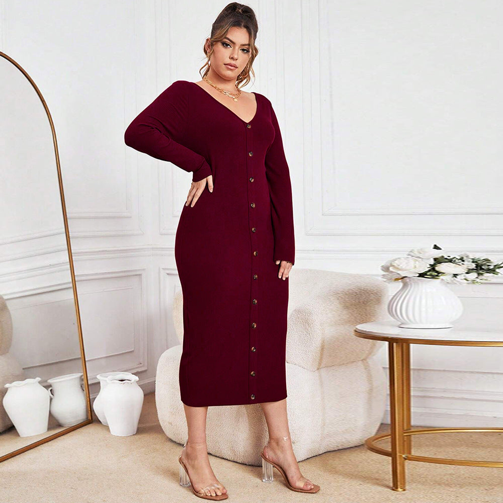 plus Size Women Clothes Autumn Winter Slim Sheath Knitted Dress Sexy V neck Maxi Dress