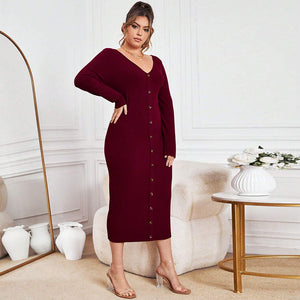 plus Size Women Clothes Autumn Winter Slim Sheath Knitted Dress Sexy V neck Maxi Dress