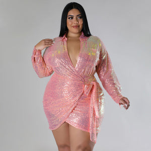 Plus Size Sexy Sequined Gilding Nightclub Long Sleeve Lace up Dress Women