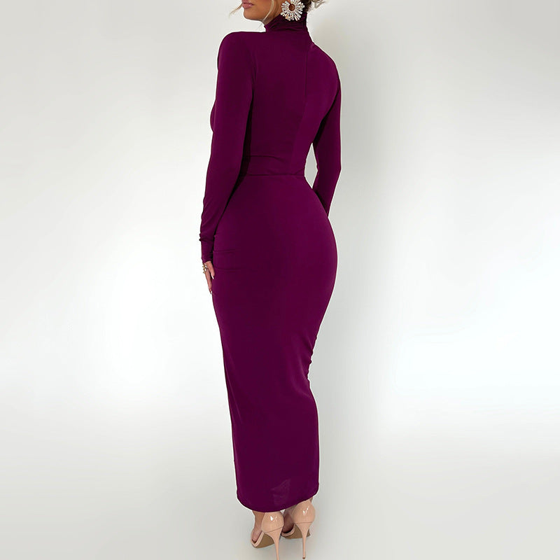 Autumn Winter Half High Collar Long Sleeves Dress Sexy Elegant Bodycon Maxi Dress for Women