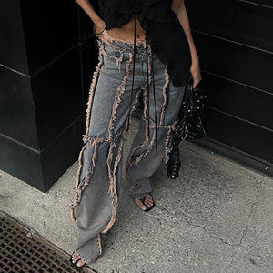 Trendy Retro Loose Raw Hem Jeans Sexy Mid Waisted Figure Flattering Street Dance Distressed Casual Pants