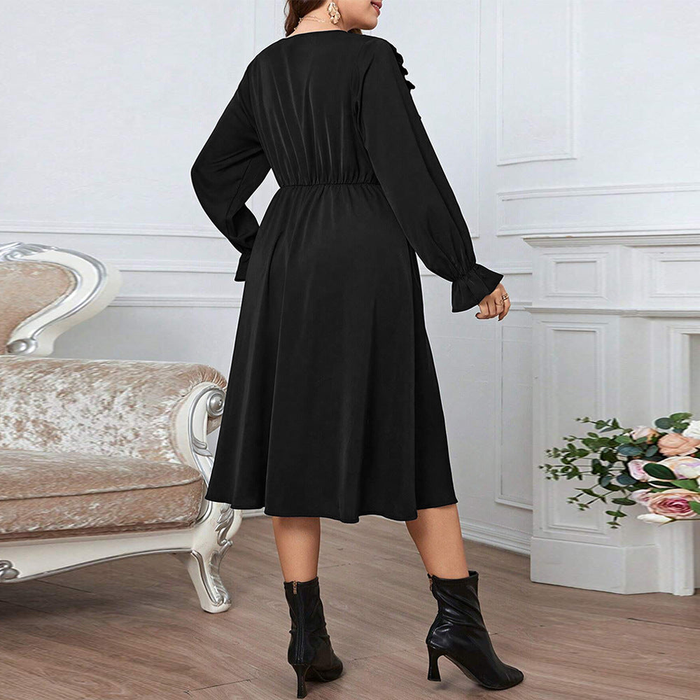 plus Size Women Clothes Tight Waist Large V neck Puff Sleeve Office Dress