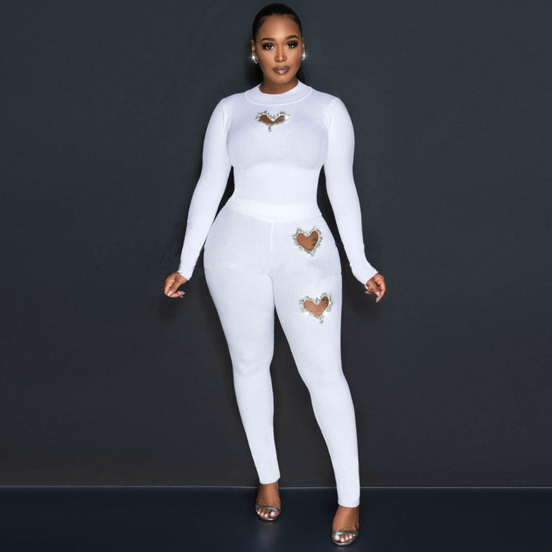 Two Piece Suit Autumn Winter Long Sleeve Hollow Out Cutout Love Rhinestone Sexy Pants Suit