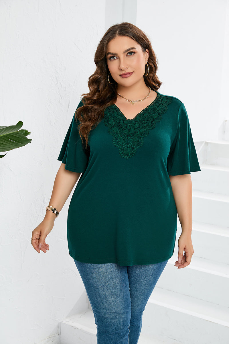 Plus Size Women Clothes Flared Sleeves Short Sleeved T Shirt Lace Patchwork Top Women Clothing