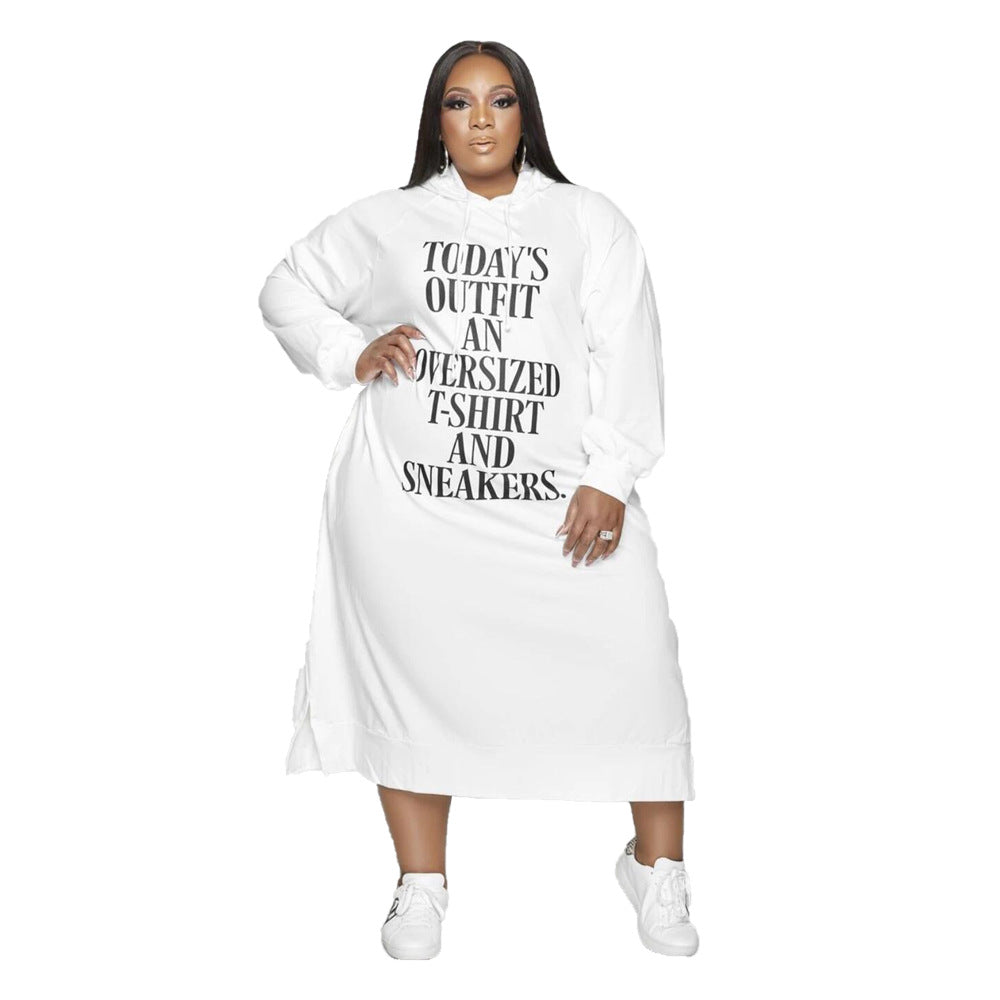 Plus Size Loose Midi Letter Graphic Dress Printing Ladies Hooded Sweater Dress