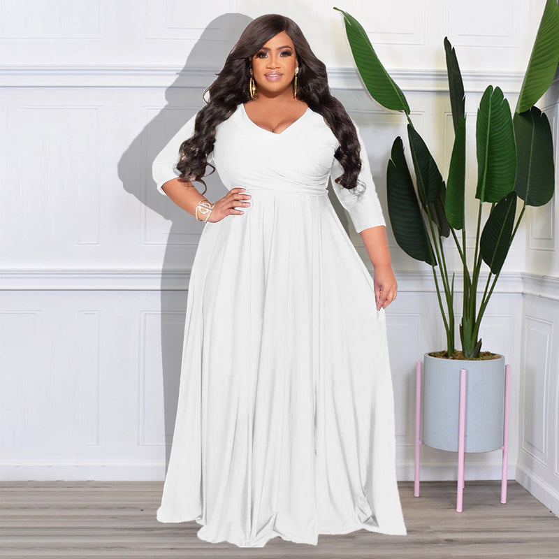 Plus Size Woman Women Clothing Solid Color V Neck Sexy Wedding Clothes Dress