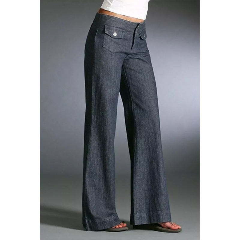 Front Pocket Button High Wide Leg Denim Trousers