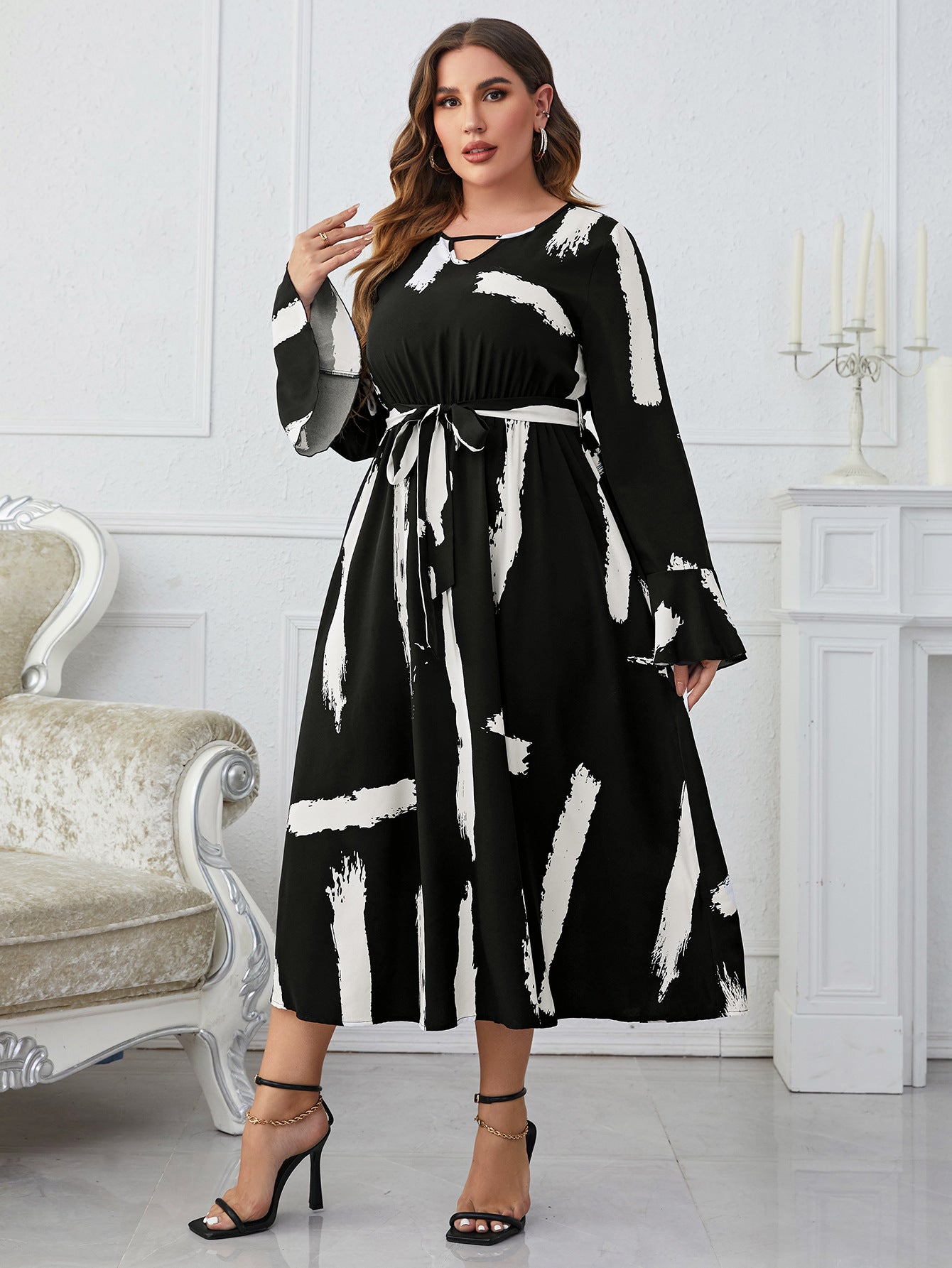 Popular Black White Characteristic Neckline Flared Plus Size Maxi Dress