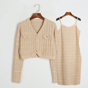 Chanel Sweater Coat Women Loose Two Piece Suit Autumn Winter Korean Knitted Cardigan Dress Set