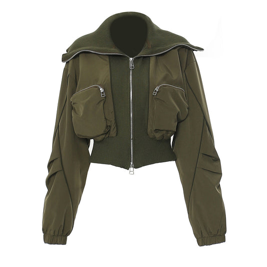 Autumn Winter Personal Casual Three Dimensional Zipper Pocket Large Collared Varsity Jacket Jacket Women