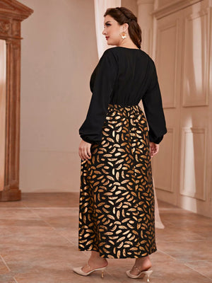 Plus Size High Waist Office Maxi Dress Pullover Bronzing Printed Sexy V Neck Dress Women