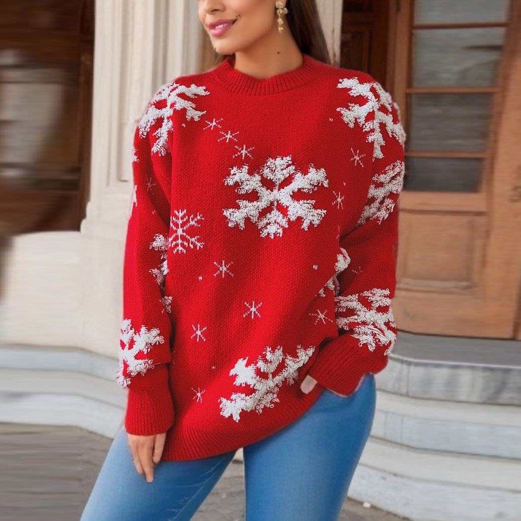 Red Christmas Sweater Women Snowflake Towel Embroidery Round Neck Long Sleeve Christmas Theme Pullover