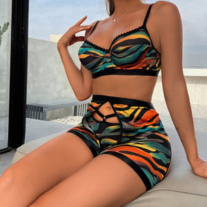 Sexy Three-Piece Set Striped Multi-Color Mosaic Casual with Steel Ring