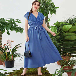 Plus Size Maxi Dress Belly-Covering V-neck Elastic Waist Printed Dress Stitching