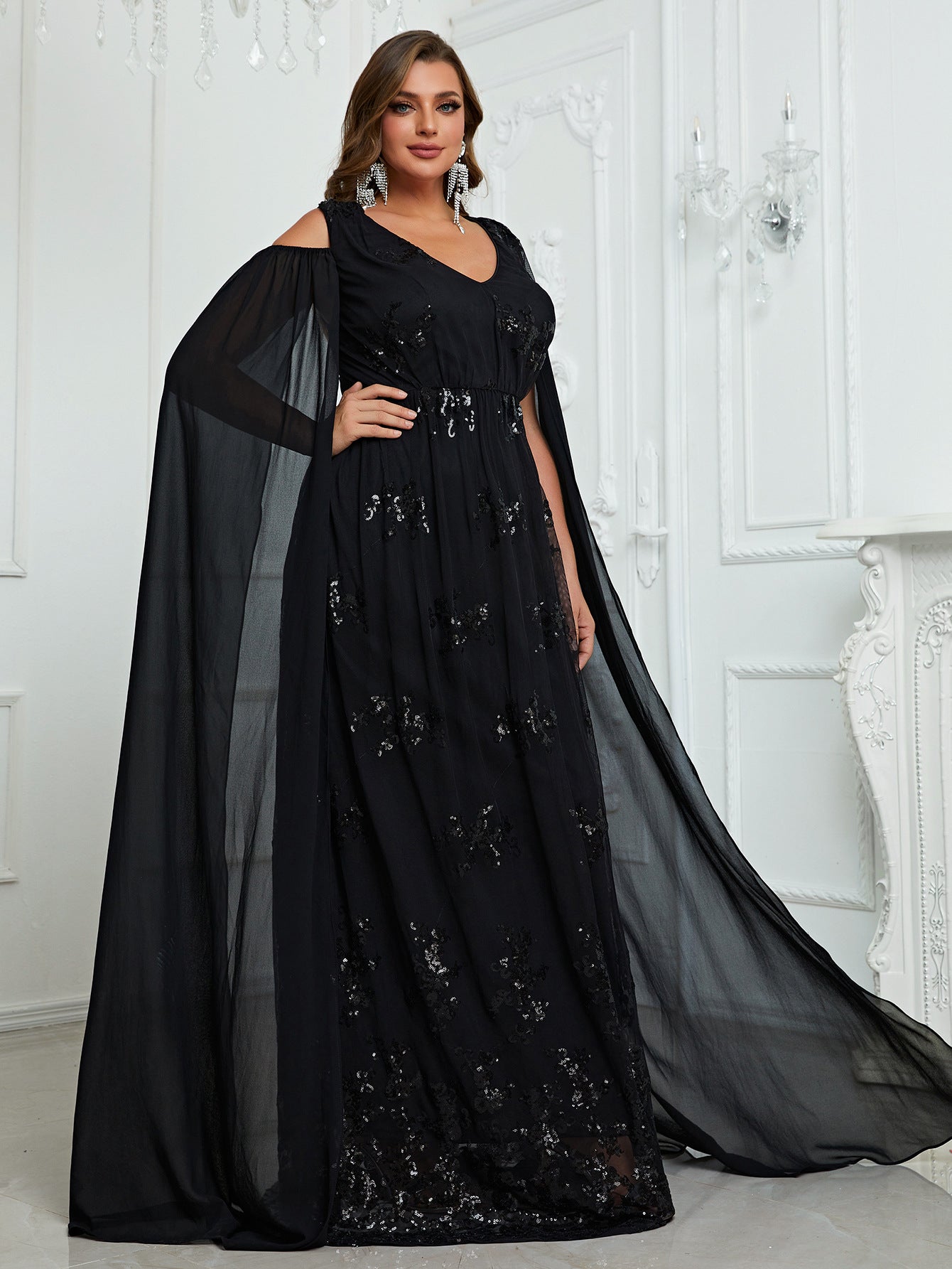 Plus Size Off The Shoulder Party Dress Elegant Senior Evening Dress Shawl Sleeve Design Maxi Dress Fmg