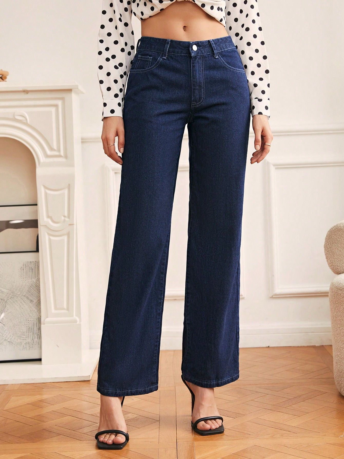 Women Clothing Fashionable Retro Casual High Waist Straight Leg Denim Trousers