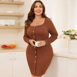 plus Size Women Clothes Autumn Winter Slim Fit Sheath Square Collar Texture Long Sleeve Sexy Dress