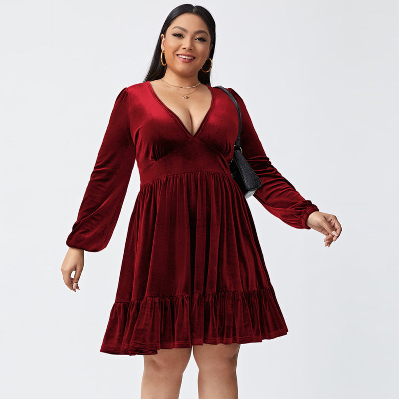 plus Size Fall Winter Women Clothing V neck Waist Controlled Slimming Long Sleeve Sexy Velvet Dress