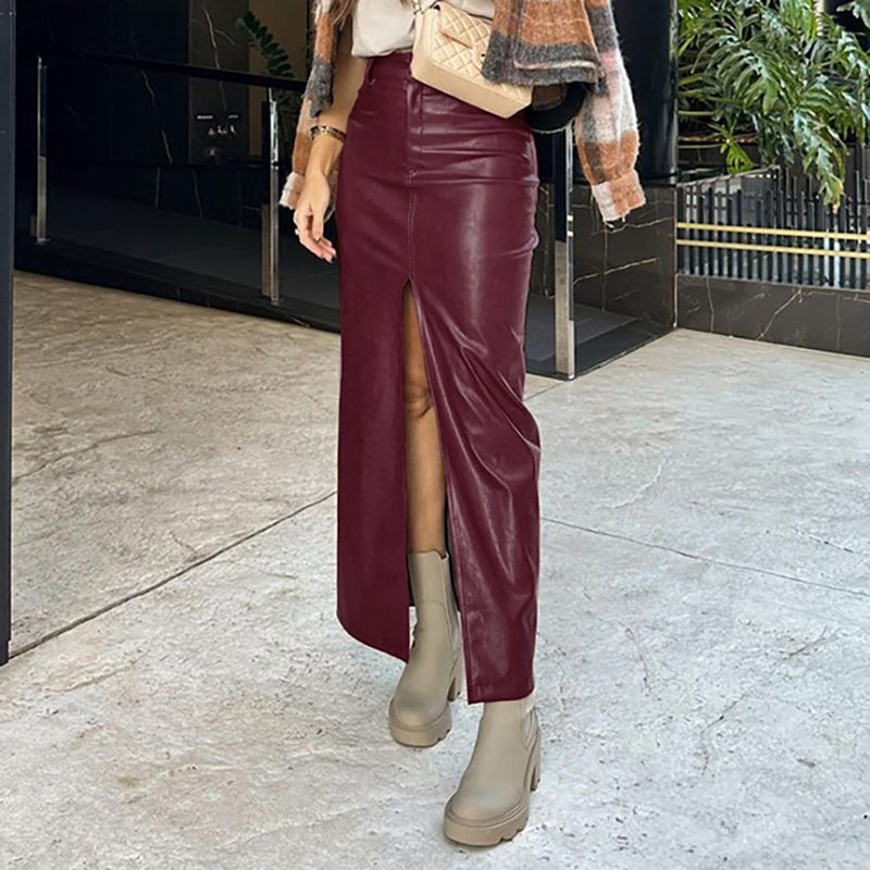 Wine Red Leather Straight Skirt Autumn Retro Women Clothing Leather Skirt Split Dress