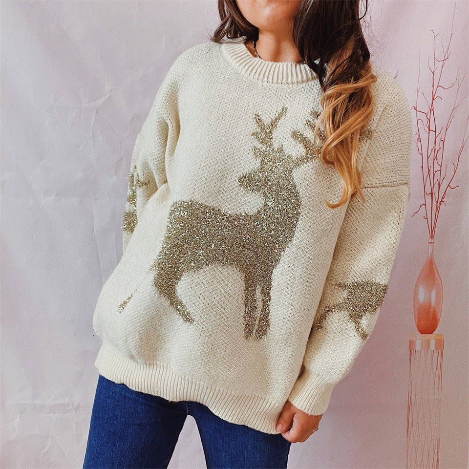 Autumn Winter Loose Gold Line Jacquard Deer Pattern Round Neck Long Sleeve Christmas Sweaters Pullover