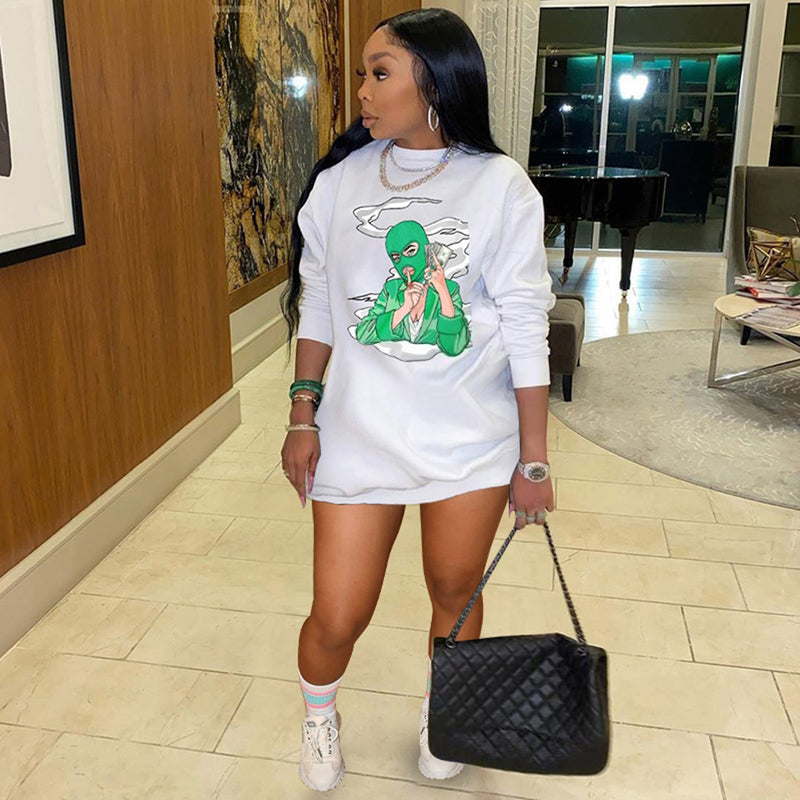 Plus Size Women Clothing Autumn Winter Casual Printing Sweater Dress