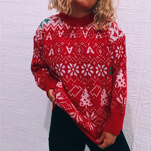 Autumn Winter Women Clothing Retro Snowflake Christmas Theme Sweater round Neck Pullover