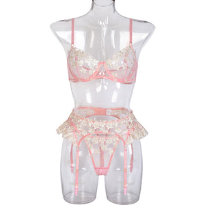 New Niche Beautiful Embroidery Mesh Ultra-Thin with Steel Ring Breathable Bra Three-Piece Set