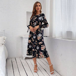 Women Wear Long Sleeve Vintage Floral Dress Autumn