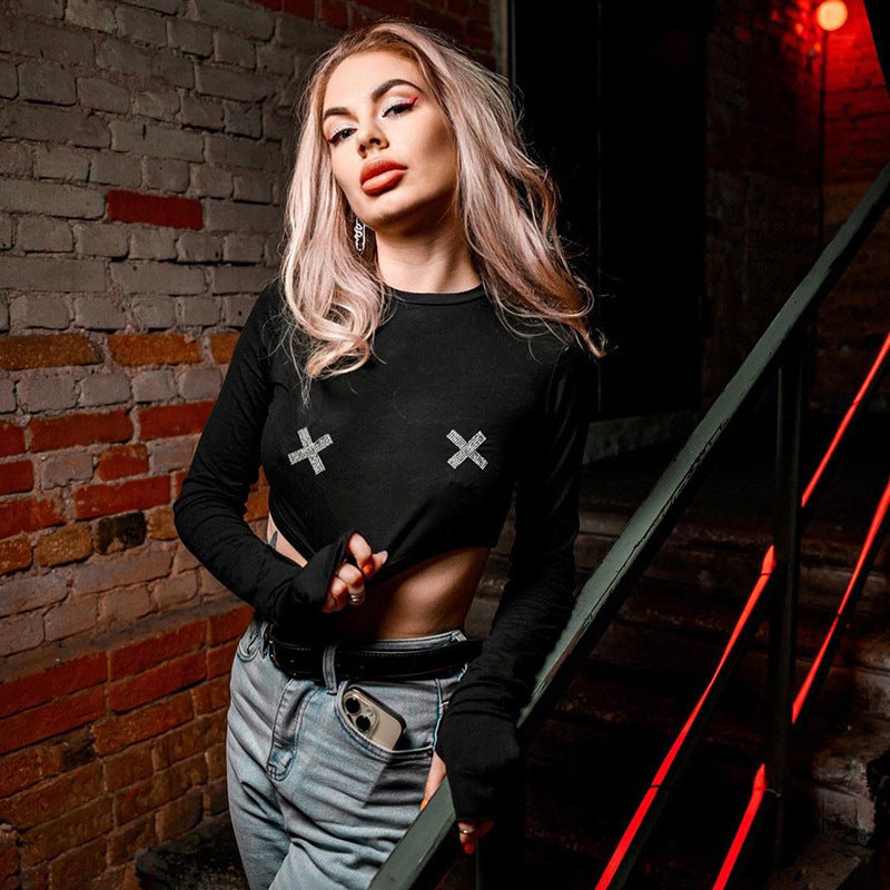 Women Clothing Summer Rhinestone Long Sleeve Short Sexy All Match Top