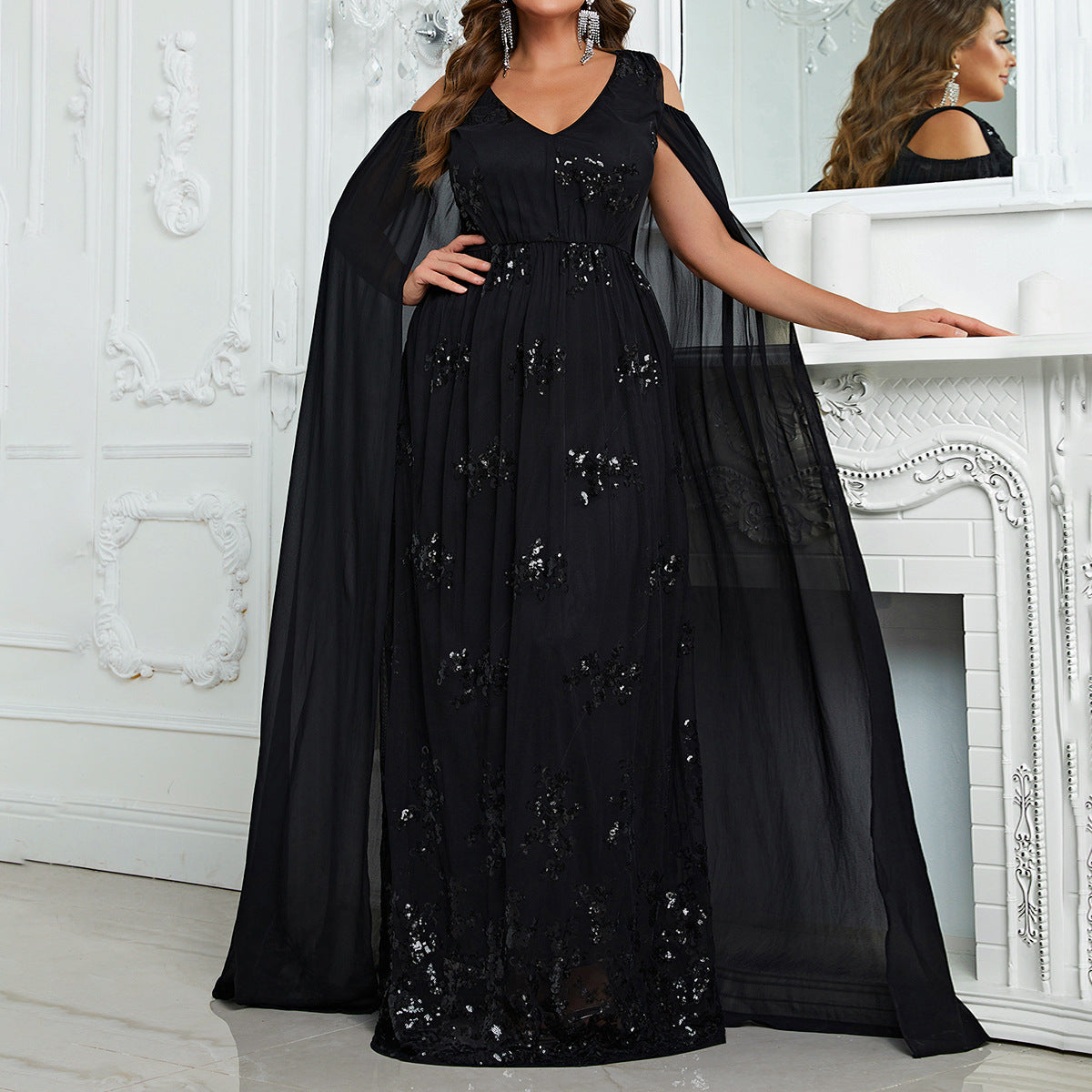 Plus Size Off The Shoulder Party Dress Elegant Senior Evening Dress Shawl Sleeve Design Maxi Dress Fmg