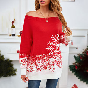 Popular Small Snowflake Christmas Sweater Autumn Winter Christmas Casual Off The Shoulder Sweater Women