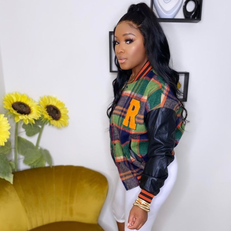 Plus Size Women Clothes Casual Embroidery Thread Faux Leather Stitching Varsity Jacket Jacket