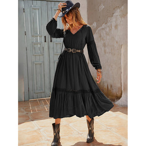 Bohemian Solid Color Lead Hollow Out Cutout out Stitching Holiday Dress